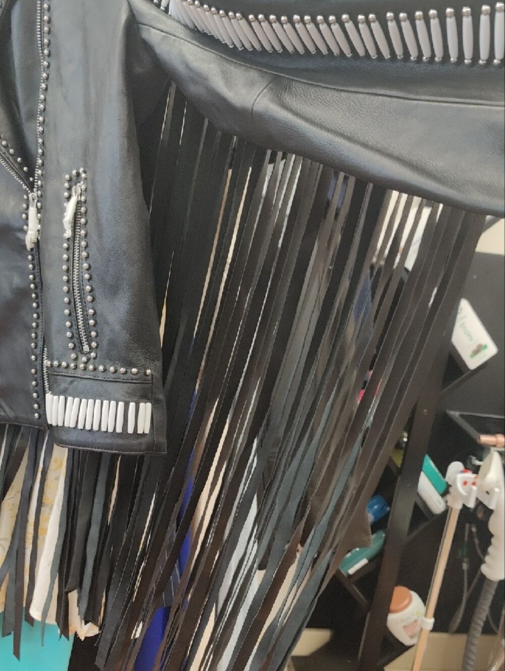 Nasty Gal Geunine Black Leather Moto Jacket with White Stud Sunburst Details - Picture 3 of 11